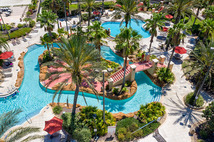 Aerial of lazy river and resort pool